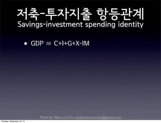 Made by Nam-un,Cho. mailto:namun.cho@gmail.com
저축-투자지출 항등관계
Savings-investment spending identity
•GDP ≡ C+I+G+X-IM
Tuesday, September 22, 15
 