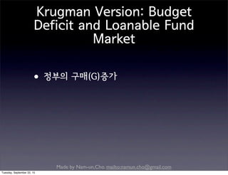 Made by Nam-un,Cho. mailto:namun.cho@gmail.com
Krugman Version: Budget
Deficit and Loanable Fund
Market
•정부의 구매(G)증가
Tuesday, September 22, 15
 
