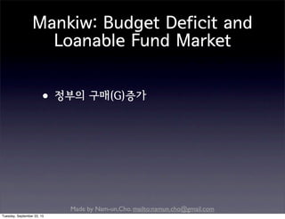Made by Nam-un,Cho. mailto:namun.cho@gmail.com
Mankiw: Budget Deficit and
Loanable Fund Market
•정부의 구매(G)증가
Tuesday, September 22, 15
 