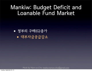 Made by Nam-un,Cho. mailto:namun.cho@gmail.com
Mankiw: Budget Deficit and
Loanable Fund Market
•정부의 구매(G)증가
•대부자금공급감소
Tuesday, September 22, 15
 