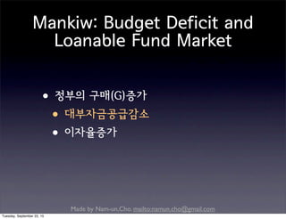 Made by Nam-un,Cho. mailto:namun.cho@gmail.com
Mankiw: Budget Deficit and
Loanable Fund Market
•정부의 구매(G)증가
•대부자금공급감소
•이자율증가
Tuesday, September 22, 15
 