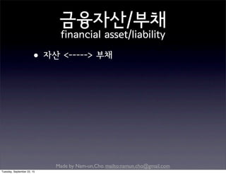 Made by Nam-un,Cho. mailto:namun.cho@gmail.com
금융자산/부채
financial asset/liability
•자산 <-----> 부채
Tuesday, September 22, 15
 