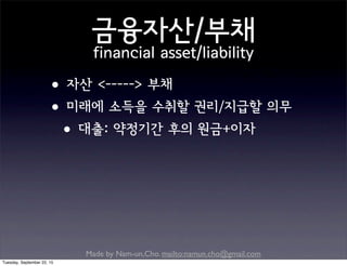 Made by Nam-un,Cho. mailto:namun.cho@gmail.com
금융자산/부채
financial asset/liability
•자산 <-----> 부채
•미래에 소득을 수취할 권리/지급할 의무
•대출: 약정기간 후의 원금+이자
Tuesday, September 22, 15
 