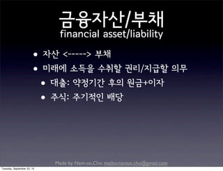 Made by Nam-un,Cho. mailto:namun.cho@gmail.com
금융자산/부채
financial asset/liability
•자산 <-----> 부채
•미래에 소득을 수취할 권리/지급할 의무
•대출: 약정기간 후의 원금+이자
•주식: 주기적인 배당
Tuesday, September 22, 15
 
