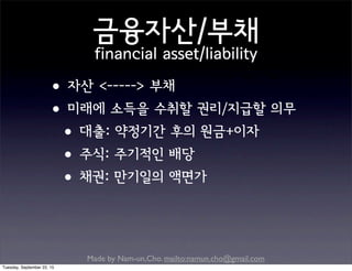 Made by Nam-un,Cho. mailto:namun.cho@gmail.com
금융자산/부채
financial asset/liability
•자산 <-----> 부채
•미래에 소득을 수취할 권리/지급할 의무
•대출: 약정기간 후의 원금+이자
•주식: 주기적인 배당
•채권: 만기일의 액면가
Tuesday, September 22, 15
 