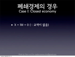 Made by Nam-un,Cho. mailto:namun.cho@gmail.com
폐쇄경제의 경우
Case I: Closed economy
•X = IM = 0 (∵교역이 없음)
Tuesday, September 22, 15
 