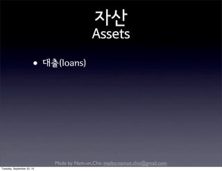 Made by Nam-un,Cho. mailto:namun.cho@gmail.com
자산
Assets
•대출(loans)
Tuesday, September 22, 15
 