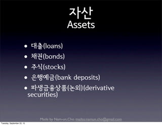 Made by Nam-un,Cho. mailto:namun.cho@gmail.com
자산
Assets
•대출(loans)
•채권(bonds)
•주식(stocks)
•은행예금(bank deposits)
•파생금융상품(논외)(derivative
securities)
Tuesday, September 22, 15
 