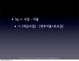 Made by Nam-un,Cho. mailto:namun.cho@gmail.com
•Sg ≡ 수입 - 지출
•≡ [세금수입] - [정부지출+보조금]
Tuesday, September 22, 15
 