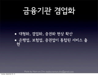 Made by Nam-un,Cho. mailto:namun.cho@gmail.com
금융기관 겸업화
•대형화, 겸업화, 증권화 현상 확산
•은행업, 보험업, 증권업이 통합된 서비스 출
현
Tuesday, September 22, 15
 