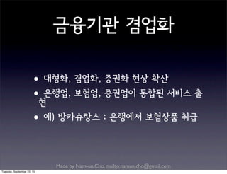 Made by Nam-un,Cho. mailto:namun.cho@gmail.com
금융기관 겸업화
•대형화, 겸업화, 증권화 현상 확산
•은행업, 보험업, 증권업이 통합된 서비스 출
현
•예) 방카슈랑스 : 은행에서 보험상품 취급
Tuesday, September 22, 15
 