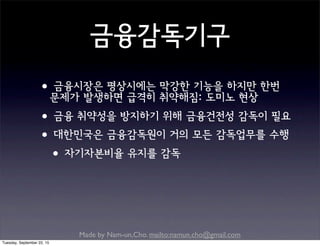 Made by Nam-un,Cho. mailto:namun.cho@gmail.com
금융감독기구
•금융시장은 평상시에는 막강한 기능을 하지만 한번
문제가 발생하면 급격히 취약해짐: 도미노 현상
•금융 취약성을 방지하기 위해 금융건전성 감독이 필요
•대한민국은 금융감독원이 거의 모든 감독업무를 수행
•자기자본비율 유지를 감독
Tuesday, September 22, 15
 