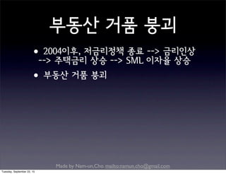 Made by Nam-un,Cho. mailto:namun.cho@gmail.com
부동산 거품 붕괴
•2004이후, 저금리정책 종료 --> 금리인상
--> 주택금리 상승 --> SML 이자율 상승
•부동산 거품 붕괴
Tuesday, September 22, 15
 