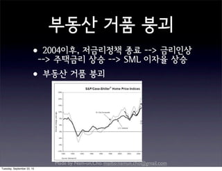 Made by Nam-un,Cho. mailto:namun.cho@gmail.com
부동산 거품 붕괴
•2004이후, 저금리정책 종료 --> 금리인상
--> 주택금리 상승 --> SML 이자율 상승
•부동산 거품 붕괴
Tuesday, September 22, 15
 