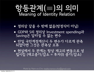 Made by Nam-un,Cho. mailto:namun.cho@gmail.com
•정의상 같을 수 밖에 없음(방정식이 아님)
•GDP와 S의 정의상 Investment spending과
Saving은 달라질 수 없는 변수
•만일 국민계정계산시 두 변수가 다르게 관측
되었다면 그것은 관측상 오류
•현실에서 두 관계는 항상 재고의 변동으로 성
립시킴 (재고증가/감소 = 투자(I) 증가/감소)
항등관계(≡)의 의미
Meaning of Identity Relation
Tuesday, September 22, 15
 