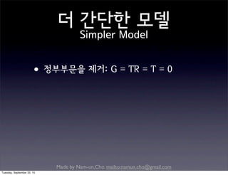 Made by Nam-un,Cho. mailto:namun.cho@gmail.com
더 간단한 모델
Simpler Model
•정부부문을 제거: G = TR = T = 0
Tuesday, September 22, 15
 