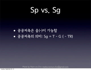 Made by Nam-un,Cho. mailto:namun.cho@gmail.com
Sp vs. Sg
•공공저축은 음(-)이 가능함
•공공저축의 의미: Sg = T - G ( - TR)
Tuesday, September 22, 15
 