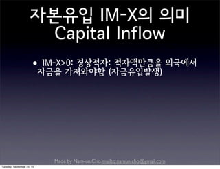 Made by Nam-un,Cho. mailto:namun.cho@gmail.com
자본유입 IM-X의 의미
Capital Inflow
•IM-X>0: 경상적자: 적자액만큼을 외국에서
자금을 가져와야함 (자금유입발생)
Tuesday, September 22, 15
 