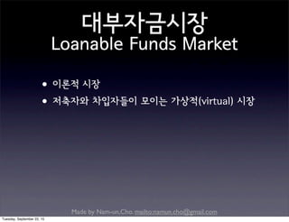 Made by Nam-un,Cho. mailto:namun.cho@gmail.com
대부자금시장
Loanable Funds Market
•이론적 시장
•저축자와 차입자들이 모이는 가상적(virtual) 시장
Tuesday, September 22, 15
 