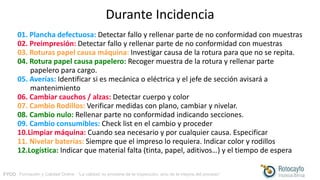FYCO · Formación y Calidad Online · “La calidad no proviene de la inspección, sino de la mejora del proceso”
Durante Incidencia
01. Plancha defectuosa: Detectar fallo y rellenar parte de no conformidad con muestras
02. Preimpresión: Detectar fallo y rellenar parte de no conformidad con muestras
03. Roturas papel causa máquina: Investigar causa de la rotura para que no se repita.
04. Rotura papel causa papelero: Recoger muestra de la rotura y rellenar parte
papelero para cargo.
05. Averías: Identificar si es mecánica o eléctrica y el jefe de sección avisará a
mantenimiento
06. Cambiar cauchos / alzas: Detectar cuerpo y color
07. Cambio Rodillos: Verificar medidas con plano, cambiar y nivelar.
08. Cambio nulo: Rellenar parte no conformidad indicando secciones.
09. Cambio consumibles: Check list en el cambio y proceder
10.Limpiar máquina: Cuando sea necesario y por cualquier causa. Especificar
11. Nivelar baterías: Siempre que el impreso lo requiera. Indicar color y rodillos
12.Logística: Indicar que material falta (tinta, papel, aditivos…) y el tiempo de espera
 
