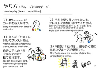 やり⽅（グループ対抗のゲーム）
How to play ( team competition )
━━━━━━━━━━━━━━━━━━━━━
０）4⾊（⾚／⻩／緑／⻘）の
カードを各⼈が持つ。
Every member have 4 cards of 
each color.
２）⼿札を早く使いきった⼈も、
ブレストに参加し続けてください。
⾯⽩いアイデアを次々出していくと、カードが残っている
⼈は、流れに乗って⼿札を切りやすくなります。
Enjoy your brainstorming fully 5min.
３）時間は「5分間」。最も多く場に
出せたグループが優勝です。
After 5min, count the number of discarded.
Largest team is winner.
⾃分の⼿札の内容
を実⾏できたら、
捨てられます。
You can discard your card. 
After when you complete 
your role on the card.
１）選んだ「お題」に
対してブレスト開始。
After choosing brainstorming 
theme, start to brainstorm.
24
 