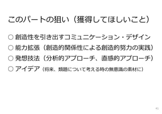 このパートの狙い（獲得してほしいこと）
○ 創造性を引き出すコミュニケーション・デザイン
○ 能⼒拡張（創造的関係性による創造的努⼒の実践）
○ 発想技法（分析的アプローチ、直感的アプローチ）
○ アイデア（将来、類題について考える時の無意識の素材に）
41
 
