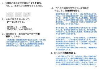 1．３種類の象形⽂字⽂書から１つを選ぶ。
そして、象形⽂字の模様をざっと⾒る。
２．⼼から雑念を追い払って、
テーマに集中する。
⽬を閉じて、３分間、
アイデアについて瞑想する。
３．⽬を開けて、象形⽂字の⼀⾏⼀⾏を
“翻訳”してみる。
「死者の書」は課題を解決するためにあり、それぞれ
の⾏が⾃分のために書かれているのだと想定する。
いま抱えている、ビジネス上の課題解決法の秘密が
象形⽂字のイメージ解釈に隠されているのだ。
４．それぞれの象形⽂字について解釈を
するごとに⾃由連想を⾏う。
象形⽂字の１つが、星（スター）のように⾒えるかもし
れない。そこで陸上競技のスターだった友⼈を連想する。
そして、（中略）⽝と旅⾏することを連想し、⾃転⾞に
よく乗っている近所の獣医を思い出し、折り畳み式⾃転
⾞を連想し・・・。それがヒントになって課題を解くア
イデアを思いつくかもしれない。
すべての⾏、形、構造などがなんらかのメッセージを伝
えている。象形⽂字を解釈するときには、驚いた部分、
何か抜けているような気がした部分、視点を変えたら⾒
えてきた部分に注意をする。
「これは何だろう︖」「どうして彼らは、この形を使っ
たのだろう︖」「これはどういう意味だろう︖」「この
形が頻繁に現れるのはなぜ︖」「どの形が、私の課題と
最も密接なかかわりがある︖」「これは誰だ︖」「これ
から何を思い出すだろう︖」
こういった問いかけを繰り返していく中に、課題を解決
する鍵が⾒えてくる。
7．⾃分なりの解釈を書く。
ヒントや新しいアイデア、ひらめき、新しい⽅向性など
がないかを探そう。各⾏の解釈を結びつけて全体をまと
めた解釈を書いてみる。すべての解釈を合わせて、物語
を作ることができるかどうか試してみよう。そのストー
リーには課題解決の⽅法が含まれているかもしれない。
58
 