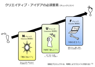 U チェック
（Usefulness 有⽤性）
「有⽤︖欲しい︖」
まず「誰」が必要。
で、その⼈は、それ喜ぶ︖
F チェック
（Feasible 実現性）
「作れそう︖」
保有スキル、機材・部材、
捻出できる時間でやれる︖
クリエイティブ・アイデアの必須要素（チェックリスト）
N チェック
（Newness 新規性）
「他にない︖」
同じモノが安く買えるなら
作る意味がない。ググろう。
（創造プロジェクトは、時期によりウエイトが変わる）73
 
