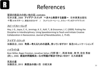 References
冒頭の創造力の使い他の話 （の参考資料）
石井力重、2009 アイデア・スイッチ ～次々と発想する装置～ 日本実業出版社
＋他（AFオズボーン、創造力を生かす / フレドリック・ヘレーン、スウェーデン式アイデアブック）
スピードストーミング
Hey, J. G., Joyce, C. K., Jennings, K. E., Kalil, T., & Grossman, J. C. (2009). Putting the 
Discipline in Interdisciplinary: Using Speedstorming to Teach and Initiate Creative 
Collaboration in Nanoscience. Journal of NanoEducation, 1, 75‐85.
アイデア・スケッチ
加藤昌治、2003 考具―考えるための道具、持っていますか? 阪急コミュニケーションズ
ハイライト法
Brair Miller, Roger Firestien, Jonathan Vehar, (弓野 憲一 , 西浦 和樹 , 南 学, 宗吉 秀樹
(訳) )、2006 創造的問題解決―なぜ問題が解決できないのか? 北大路書房
死者の書
加藤昌治、2015 発想法の使い方 日経文庫
R
77
 