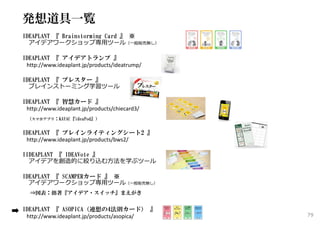 発想道具一覧
IDEAPLANT 『 Brainstorming Card 』 ※
アイデアワークショップ専⽤ツール（⼀般販売無し）
IDEAPLANT 『 アイデアトランプ 』
http://www.ideaplant.jp/products/ideatrump/
IDEAPLANT 『 ブレスター 』
ブレインストーミング学習ツール
IDEAPLANT 『 智慧カード 』
http://www.ideaplant.jp/products/chiecard3/
（スマホアプリ：KAYAC『ideaPod』）
IDEAPLANT 『 ブレインライティングシート2 』
http://www.ideaplant.jp/products/bws2/
IIDEAPLANT 『 IDEAVote 』
アイデアを創造的に絞り込む⽅法を学ぶツール
IDEAPLANT 『 SCAMPERカード 』 ※
アイデアワークショップ専⽤ツール（⼀般販売無し）
⇒図表：拙著『アイデア・スイッチ』まえがき
IDEAPLANT 『 ASOPICA（連想の4法則カード） 』
http://www.ideaplant.jp/products/asopica/ 79
 