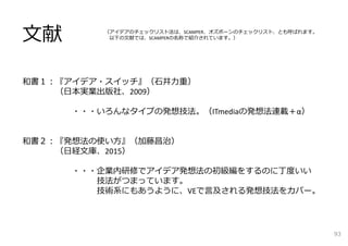 ⽂献
和書１︓『アイデア・スイッチ』（⽯井⼒重）
（⽇本実業出版社、2009）
・・・いろんなタイプの発想技法。（ITmediaの発想法連載＋α）
和書２︓『発想法の使い⽅』（加藤昌治）
（⽇経⽂庫、2015）
・・・企業内研修でアイデア発想法の初級編をするのに丁度いい
技法がつまっています。
技術系にもあうように、VEで⾔及される発想技法をカバー。
（アイデアのチェックリスト法は、SCAMPER、オズボーンのチェックリスト、とも呼ばれます。
以下の⽂献では、SCAMPERの名称で紹介されています。）
93
 