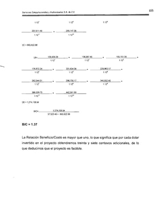 1.1t
237,611.49 255,147 .36
1.12
11
1.1i2
LC = 893,822.88
109,435.08 136,097.45 155,151.09+ +
1.1i 1.1~ 1.123
176,872.24 201,634.36 229,863.17 +
1.17 1.125
1.1:t
262,044.01 298,730.17 340,552.40 +
1.12
7
1.1:t 1.1t
388,229 .73 442,581 .89
1
1.12'
1.1i2
LB =1,274,138.94
SIC: 1,274,138.94
37,523.48 + 893,822.88
B/C =1.37
La Relación Beneficio/Costo es mayor que uno, loque significa que por cada dolar
invertido en el proyecto obtendremos treinta y siete centavos adicionales, de lo
que deducimos que el proyecto es factible.
 