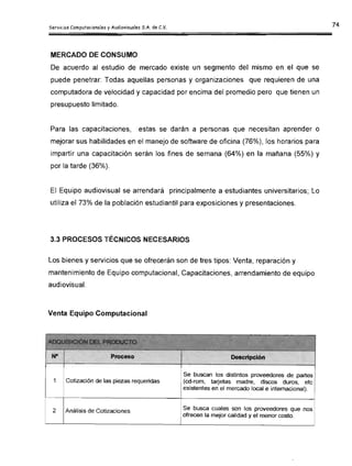 MERCADO DE CONSUMO
De acuerdo al estudio de mercado existe un segmento del mismo en el que se
puede penetrar: Todas aquellas personas y organizaciones que requieren de una
computadora de velocidad y capacidad por encima del promedio pero que tienen un
presupuesto limitado.
Para las capacitaciones, estas se darán a personas que necesitan aprender o
mejorar sus habilidades en el manejo de software de oficina (76%), los horarios para
impartir una capacitación serán los fines de semana (64%) en la mañana (55%) y
por la tarde (36%).
El Equipo audiovisual se arrendará principalmente a estudiantes universitarios; Lo
utiliza el 73% de la población estudiantil para exposiciones y presentaciones.
3.3 PROCESOS TÉCNICOS NECESARIOS
Los bienes y servicios que se ofrecerán son de tres tipos: Venta, reparación y
mantenimiento de Equipo computacional, Capacitaciones, arrendamiento de equipo
audiovisual.
Venta Equipo Computacional
N° Proceso
1 Cotización de las piezas requeridas
2 Análisis de Cotizaciones
Descripción
Se buscan los distintos prov.eedores de partes
(cd-rom, tarjetas madre, discos duros, etc
existentes en el mercado local e internacional).
Se busca cuales son los proveedores que nos
ofrecen la mejor calidad y el menor costo.
 