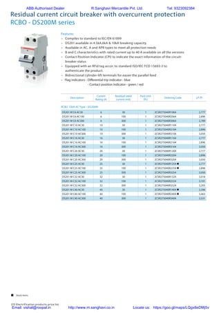 170 Electrification products price list
Residual current circuit breaker with overcurrent protection
RCBO - DS200M series
Features
–	 Compiles to standard to IEC/EN 61009
–	 DS201 available in 4.5kA,6kA & 10kA breaking capacity.
–	 Available in AC, A and APR types to meet all protection needs
–	 B and C characteristics with rated current up to 40 A available on all the versions
–	 Contact Position Indicator (CPI) to indicate the exact information of the circuit-
breaker status
–	 Equipped with an RFid tag accor. to standard ISO/IEC FCD 15693-3 to
authenticate the product.
–	 Bidirectional cylinder-lift terminals for easier the parallel feed
– Flag indicators - Differential trip indicator - blue
		 - Contact position indicator - green / red
DS201 M C6 AC30 6 30 1 2CSR275040R1064 2,777
DS201 M C6 AC100 6 100 1 2CSR275040R2064 2,896
DS201 M C6 AC300 6 300 1 2CSR275040R3064 2,789
DS201 M C10 AC30 10 30 1 2CSR275040R1104 2,777
DS201 M C10 AC100 10 100 1 2CSR275040R2104 2,896
DS201 M C10 AC300 10 300 1 2CSR275040R3104 3,050
DS201 M C16 AC30 16 30 1 2CSR275040R1164 2,777
DS201 M C16 AC100 16 100 1 2CSR275040R2164 2,896
DS201 M C16 AC300 16 300 1 2CSR275040R3164 3,050
DS201 M C20 AC30 20 30 1 2CSR275040R1204 2,777
DS201 M C20 AC100 20 100 1 2CSR275040R2204 2,896
DS201 M C20 AC300 20 300 1 2CSR275040R3204 3,050
DS201 M C25 AC30 25 30 1 2CSR275040R1254 n 2,777
DS201 M C25 AC100 25 100 1 2CSR275040R2254 n 2,896
DS201 M C25 AC300 25 300 1 2CSR275040R3254 3,050
DS201 M C32 AC30 32 30 1 2CSR275040R1324 3,018
DS201 M C32 AC100 32 100 1 2CSR275040R2324 3,101
DS201 M C32 AC300 32 300 1 2CSR275040R3324 3,205
DS201 M C40 AC30 40 30 1 2CSR275040R1404 n 3,396
DS201 M C40 AC100 40 100 1 2CSR275040R2404 n 3,463
DS201 M C40 AC300 40 300 1 2CSR275040R3404 3,531
RCBO 10kA AC Type - DS200M		
Description
Current
Rating (A)
Residual rated
current (mA)
Pack Unit
(Pc)
Ordering Code LP (`)
 Stock items
ABB Authorised Dealer R.Sanghavi Mercantile Pvt. Ltd. Tel: 9323092384
Email: vishal@roopal.in http://www.m.sanghavi.co.in Locate us: https://goo.gl/maps/LQgx8eDMj5v
 