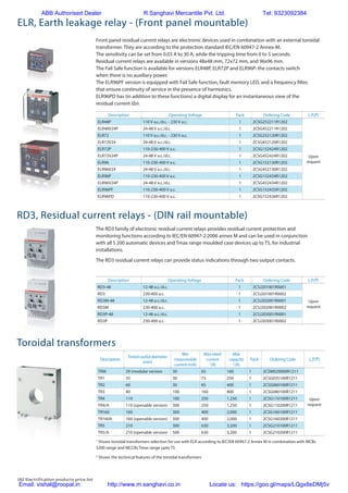 182 Electrification products price list
The RD3 family of electronic residual current relays provides residual current protection and
monitoring functions according to IEC/EN 60947-2:2006 annex M and can be used in conjunction
with all S 200 automatic devices and Tmax range moulded case devices up to T5, for industrial
installations.
The RD3 residual current relays can provide status indications through two output contacts.
1
Shows toroidal transformers selection for use with ELR according to IEC/EN 60947-2 Annex M in combination with MCBs
S200 range and MCCBs Tmax range upto T5
2
Shows the technical features of the toroidal transformers
RD3, Residual current relays - (DIN rail mountable)
Toroidal transformers
ELR, Earth leakage relay - (Front panel mountable)
Description Operating Voltage Pack Ordering Code L.P.(`)
RD3-48 12-48 a.c./d.c. 1 2CSJ201001R0001
Upon
request
RD3 230-400 a.c. 1 2CSJ201001R0002
RD3M-48 12-48 a.c./d.c. 1 2CSJ202001R0001
RD3M 230-400 a.c. 1 2CSJ202001R0002
RD3P-48 12-48 a.c./d.c. 1 2CSJ203001R0001
RD3P 230-400 a.c. 1 2CSJ203001R0002
Description
Toriod useful diameter
(mm)
Min
measureable
current (mA)
Max rated
current
1
(A)
Max
capacity
2
(A)
Pack Ordering Code L.P.(`)
TRM 29 (modular version 30 65 160 1 2CSM029000R1211
Upon
request
TR1 35 30 75 250 1 2CSG035100R1211
TR2 60 30 85 400 1 2CSG060100R1211
TR3 80 100 160 800 1 2CSG080100R1211
TR4 110 100 250 1,250 1 2CSG110100R1211
TR4/A 110 (openable version) 300 250 1,250 1 2CSG110200R1211
TR160 160 300 400 2,000 1 2CSG160100R1211
TR160A 160 (openable version) 500 400 2,000 1 2CSG160200R1211
TR5 210 300 630 3,200 1 2CSG210100R1211
TR5/A 210 (openable version) 500 630 3,200 1 2CSG210200R1211
Front panel residual current relays are electronic devices used in combination with an external toroidal
transformer. They are according to the protection standard IEC/EN 60947-2 Annex-M.
The sensitivity can be set from 0.03 A to 30 A, while the tripping time from 0 to 5 seconds.
Residual current relays are available in versions 48x48 mm, 72x72 mm, and 96x96 mm.
The Fail Safe function is available for versions ELR48P, ELR72P and ELR96P: the contacts switch
when there is no auxiliary power.
The ELR96PF version is equipped with Fail Safe function, fault memory LED, and a frequency filter,
that ensure continuity of service in the presence of harmonics.
ELR96PD has (in addition to these functions) a digital display for an instantaneous view of the
residual current I∆n.
Description Operating Voltage Pack Ordering Code L.P.(`)
ELR48P 110 V a.c./d.c. - 230 V a.c. 1 2CSG252211R1202
Upon
request
ELR48V24P 24-48 V a.c./d.c. 1 2CSG452211R1202
ELR72 110 V a.c./d.c. - 230 V a.c. 1 2CSG252120R1202
ELR72V24 24-48 V a.c./d.c. 1 2CSG452120R1202
ELR72P 110-230-400 V a.c. 1 2CSG152424R1202
ELR72V24P 24-48 V a.c./d.c. 1 2CSG452424R1202
ELR96 110-230-400 V a.c. 1 2CSG152130R1202
ELR96V24 24-48 V a.c./d.c. 1 2CSG452130R1202
ELR96P 110-230-400 V a.c. 1 2CSG152434R1202
ELR96V24P 24-48 V a.c./d.c. 1 2CSG452434R1202
ELR96PF 110-230-400 V a.c. 1 2CSG152435R1202
ELR96PD 110-230-400 V a.c. 1 2CSG152436R1202
ABB Authorised Dealer R.Sanghavi Mercantile Pvt. Ltd. Tel: 9323092384
Email: vishal@roopal.in http://www.m.sanghavi.co.in Locate us: https://goo.gl/maps/LQgx8eDMj5v
 