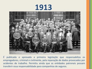 1913




É publicada e aprovada a primeira legislação que responsabiliza os
empregadores, criminal e civilmente, pela reparação de dados provocados por
acidentes de trabalho. Permitiu ainda que as entidades patronais possam
transferir essa responsabilidade para companhias de seguros.
 