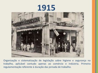 1915




Organização e sistematização de legislação sobre higiene e segurança no
trabalho, aplicável contudo apenas ao comércio e indústria. Primeira
regulamentação referente à duração das jornada de trabalho.
 