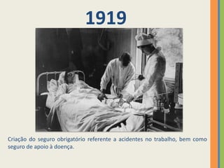 1919




Criação do seguro obrigatório referente a acidentes no trabalho, bem como
seguro de apoio à doença.
 
