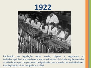 1922




Publicação de legislação sobre saúde, higiene e segurança no
trabalho, aplicável aos estabelecimentos industriais. Foi ainda regulamentadas
as atividades que comportavam perigosidade para a saúde dos trabalhadores.
Esta legislação só foi revogada em 1966.
 