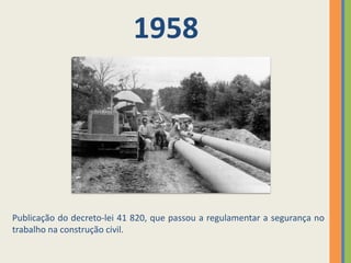 1958




Publicação do decreto-lei 41 820, que passou a regulamentar a segurança no
trabalho na construção civil.
 