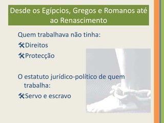 Desde os Egípcios, Gregos e Romanos até
           ao Renascimento
  Quem trabalhava não tinha:
  Direitos
  Protecção

  O estatuto jurídico-político de quem
    trabalha:
  Servo e escravo
 