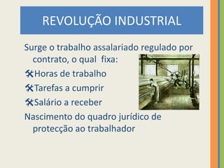 REVOLUÇÃO INDUSTRIAL
Surge o trabalho assalariado regulado por
  contrato, o qual fixa:
Horas de trabalho
Tarefas a cumprir
Salário a receber
Nascimento do quadro jurídico de
  protecção ao trabalhador
 