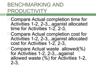 BENCHMARKING AND
PRODUCTIVITY
 Compare Actual completion time for
Activities 1-2, 2-3,..aganist allocated
time for Activities 1-2, 2-3,
 Compare Actual completion cost for
Activities 1-2, 2-3,..aganist allocated
cost for Activities 1-2, 2-3,
 Compare Actual waste allowed(%)
for Activities 1-2, 2-3,..against
allowed waste (%) for Activities 1-2,
2-3,
 
