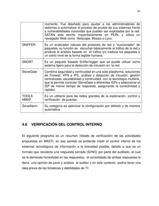 61

momento. Fue diseñado para ayudar a los administradores de
sistemas a automatizar el proceso de prueba de sus sistemas frente
a vulnerabilidades conocidas que pueden ser explotadas por la red.
SATAN esta escrito mayoritariamente en PERL y utiliza un
navegador Web como Netscape, Mosaic o Lynx.
SNIFFER

Es un analizador robusto del protocolo de red o "succionador" de
paquetes, su función es escuchar básicamente el tráfico de la red y
produce el análisis basado en el tráfico y/o traduce los paquetes a
un cierto nivel de la forma legible humana.

SNORT

Es un paquete basado Sniffer/logger que se puede utilizar como
sistema ligero para la detección de intrusión en la red.

StoneGate

Combina seguridad y continuidad en una sola plataforma, soluciones
de Firewall, VPN e IPS, análisis y detección de intrusión, gestión
centralizada, escalabilidad y continuidad, con la tecnología multilink,
que le permite conectar StoneGate a diferentes ISPs y seleccionar el
ISP de menor tiempo de respuesta, asegurando la conectividad y
rapidez.

TOOLS
NMAP

Es un utilitario para las redes grandes de la exploración, control y
verificación de puertos.

ZoneAlarm

Su categoría es optimizar la configuración por defecto y de manera
automática.

4.6

VERIFICACIÓN DEL CONTROL INTERNO

El siguiente programa es un resumen (listado de verificación) de las actividades
propuestas en MASTI, en ese sentido se pretende medir el control interno de los
sistemas tecnológicos de información a la brevedad posible, debido a que es un
formato que recolecta una respuesta cerrada (SI/NO) por parte del auditado, al cual
se le demanda honestidad en las respuestas, el consolidado de ambas respuestas le
daría una opinión de juicio y análisis al auditor y en este contexto podría tener una
idea previa de las fortalezas y debilidades de TI:

 