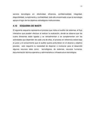 77

servicio

tecnológico

en:

efectividad,

eficiencia,

confidencialidad,

integridad,

disponibilidad, cumplimiento y confiabilidad, todo ello encaminado a que la tecnología
apoye el logro de los objetivos estratégicos institucionales.

4.10

ESQUEMA DE MASTI

El siguiente esquema representa el proceso que indica al auditor de sistemas, el flujo
interactivo que pueden efectuar al realizar la evaluación, donde se observa que las
cuatro divisiones están ligadas y se retroalimentan o se complementan con las
actividades que dependen de cada una de ellas, el proceso en referencia estará bajo
el juicio y el conocimiento que el auditor quiera profundizar en el alcance y objetivo
previsto,

esto requerirá la necesidad de disponer o involucrar para el desarrollo

algunos recursos tales como:

tecnológicos, de sistemas, recursos humanos,

documentación técnica operativa y administrativa e infraestructura tecnológica.

 