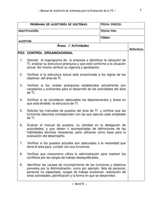 - Manual de Auditoría de Sistemas para la Evaluación de la TI

PROGRAMA DE AUDITORÍA DE SISTEMAS
INSTITUCIÓN:

-

5

FECHA INICIO:
FECHA FIN:
FIRMA:

AUDITOR:

Áreas / Actividades
Referencia

PO3: CONTROL ORGANIZACIONAL
1.

Solicitar el organigrama de la empresa e identificar la ubicación de
TI, analizar su estructura jerárquica y que esté conforme a la situación
actual. Así mismo verificar su vigencia y aprobación.

2.

Verificar si la estructura actual está encaminada a los logros de los
objetivos del área de TI.

3.

Verificar si los niveles jerárquicos establecidos actualmente son
necesarios y suficientes para el desarrollo de las actividades del área
de TI.

4.

Verificar si se consideran adecuados los departamentos y áreas en
que está dividida la estructura de TI.

5.

Solicitar los manuales de puestos del área de TI y verificar que las
funciones descritas correspondan con las que ejecuta cada empleado
de TI.

6.

Evaluar el manual de puestos, su claridad en la delegación de
autoridades, y que deben ir acompañadas de definiciones de las
habilidades técnicas necesarias, para utilizarse como base para la
evaluación del desempeño.

7.

Verificar si los puestos actuales son adecuados a la necesidad que
tiene el área para cumplir con sus funciones.

8.

Verificar que mecanismo utiliza la administración para resolver los
conflictos por las cargas de trabajo desequilibradas.

9.

Identificar las causas de incumplimiento de las funciones y objetivos
previstos por la Administración, como por ejemplo: falta de personal,
personal no capacitado, cargas de trabajo excesivas, realización de
otras actividades, planificación y la forma en que se desarrollan.
- MASTI -

 