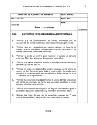 - Manual de Auditoría de Sistemas para la Evaluación de la TI

PROGRAMA DE AUDITORÍA DE SISTEMAS
INSTITUCIÓN:

-

8

FECHA INICIO:
FECHA FIN:
FIRMA:

AUDITOR:

Áreas / Actividades
Referencia

PO5:

CONTRATOS Y PROCEDIMIENTOS ADMINISTRATIVOS.

1.

Verificar que los procedimientos de trabajo ejecutados por los
operadores del centro de cómputo estén documentados por escrito.

2.

Verificar que los procedimientos escritos definan los horarios de
trabajo para los operadores del centro de cómputo, considerando los
cierres semanales, mensuales y anuales.

3.

Verificar si existe un control para restringir el acceso al personal
externo a TI en días y horarios de procesos especiales.

4.

Verificar que exista un control manual o automático de la información
que entra y sale del área TI.

5.

Verificar si existe un responsable oficial encargado de la oficina de
control de la información para toda la organización, teniendo como
una de sus funciones principales ser el enlace de la información entre
TI y el resto de la organización.

6.

Verificar la existencia de procedimientos a utilizar por los operadores
del centro de cómputo, de forma que permitan identificar el inicio,
proceso y final de cada actividad.

7.

Verificar la existencia de una póliza de seguro con cobertura para la
pérdida de equipo de computación y medios de proceso de datos.

8.

Solicitar las hojas de vida de los principales puestos de TI para
evaluar la capacidad y experiencia para desarrollar su puesto.

- MASTI -

 
