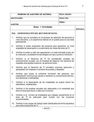 - Manual de Auditoría de Sistemas para la Evaluación de la TI

PROGRAMA DE AUDITORÍA DE SISTEMAS
INSTITUCIÓN:

-

9

FECHA INICIO:
FECHA FIN:
FIRMA:

AUDITOR:

Áreas / Actividades
Referencia

PO6. ADMINISTRACIÓN DEL RECURSO HUMANO.
1.

Verificar que se considera en el proceso de selección de personal el
nivel educativo, y la experiencia laboral en el puesto para el cual está
participando.

2.

Verificar si existe evaluación del personal para garantizar un nivel
aceptable de desempeño y cumplimiento de metas del área de TI.

3.

Verificar si existe un plan de capacitación y si está orientado al giro de
la institución y la plataforma tecnológica con que cuenta la institución.

4.

Verificar si la Gerencia de TI ha considerado pruebas de
entrenamiento cruzado, con la finalidad de disponer con personal de
respaldo ante posible ausencia de personal clave.

5.

Verificar que la Gerencia de TI considere acciones oportunas y
apropiadas con respecto a cambios de puestos y despidos.

6.

Verificar que exista la suficiente formación del personal, con
capacitación continua que ayude a mantener su conocimiento técnico,
sus destrezas y habilidades.

7.

Verificar si el desempeño de los empleados se evalúa contra los
estándares establecidos.

8.

Verificar si los puestos actuales son adecuados a la necesidad que
tiene el área para llevar a cabo sus funciones.

9.

Verificar si el número de empleados que trabajan actualmente en el
área de TI es adecuado para cumplir con las funciones
encomendadas.

10. Verificar si las cargas de trabajo están distribuidas de forma equitativa
para todo el personal de TI.
- MASTI -

 