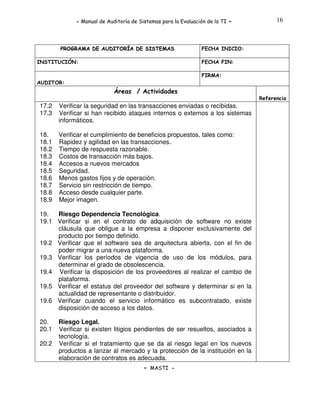 - Manual de Auditoría de Sistemas para la Evaluación de la TI

PROGRAMA DE AUDITORÍA DE SISTEMAS
INSTITUCIÓN:

-

16

FECHA INICIO:
FECHA FIN:
FIRMA:

AUDITOR:

Áreas / Actividades
Referencia

17.2
17.3

Verificar la seguridad en las transacciones enviadas o recibidas.
Verificar si han recibido ataques internos o externos a los sistemas
informáticos.

18.
18.1
18.2
18.3
18.4
18.5
18.6
18.7
18.8
18.9

Verificar el cumplimiento de beneficios propuestos, tales como:
Rapidez y agilidad en las transacciones.
Tiempo de respuesta razonable.
Costos de transacción más bajos.
Accesos a nuevos mercados
Seguridad.
Menos gastos fijos y de operación.
Servicio sin restricción de tiempo.
Acceso desde cualquier parte.
Mejor imagen.

19.
Riesgo Dependencia Tecnológica.
19.1 Verificar si en el contrato de adquisición de software no existe
cláusula que obligue a la empresa a disponer exclusivamente del
producto por tiempo definido.
19.2 Verificar que el software sea de arquitectura abierta, con el fin de
poder migrar a una nueva plataforma.
19.3 Verificar los períodos de vigencia de uso de los módulos, para
determinar el grado de obsolescencia.
19.4 Verificar la disposición de los proveedores al realizar el cambio de
plataforma.
19.5 Verificar el estatus del proveedor del software y determinar si en la
actualidad de representante o distribuidor.
19.6 Verificar cuando el servicio informático es subcontratado, existe
disposición de acceso a los datos.
20.
20.1
20.2

Riesgo Legal.
Verificar si existen litigios pendientes de ser resueltos, asociados a
tecnología.
Verificar si el tratamiento que se da al riesgo legal en los nuevos
productos a lanzar al mercado y la protección de la institución en la
elaboración de contratos es adecuada.
- MASTI -

 