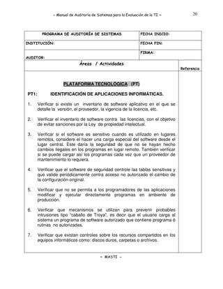 - Manual de Auditoría de Sistemas para la Evaluación de la TI

PROGRAMA DE AUDITORÍA DE SISTEMAS
INSTITUCIÓN:

-

20

FECHA INICIO:
FECHA FIN:
FIRMA:

AUDITOR:

Áreas / Actividades
Referencia

PLATAFORMA TECNOLÓGICA (PT)
PT1:

IDENTIFICACIÓN DE APLICACIONES INFORMÁTICAS.

1.

Verificar si existe un inventario de software aplicativo en el que se
detalle la versión, el proveedor, la vigencia de la licencia, etc.

2.

Verificar el inventario de software contra las licencias, con el objetivo
de evitar sanciones por la Ley de propiedad intelectual.

3.

Verificar si el software es sensitivo cuando es utilizado en lugares
remotos, considere el hacer una carga especial del software desde el
lugar central. Este daría la seguridad de que no se hayan hecho
cambios ilegales en los programas en lugar remoto. También verificar
si se puede cargar así los programas cada vez que un proveedor de
mantenimiento lo requiera.

4.

Verificar que el software de seguridad controle las tablas sensitivas y
que valide periódicamente contra acceso no autorizado el cambio de
la configuración original.

5.

Verificar que no se permita a los programadores de las aplicaciones
modificar y ejecutar directamente programas en ambiente de
producción.

6.

Verificar que mecanismos se utilizan para prevenir probables
intrusiones tipo “caballo de Troya”, es decir que el usuario carga al
sistema un programa de software autorizado que contiene programa ó
rutinas no autorizadas.

7.

Verificar que existan controles sobre los recursos compartidos en los
equipos informáticos como: discos duros, carpetas o archivos.

- MASTI -

 